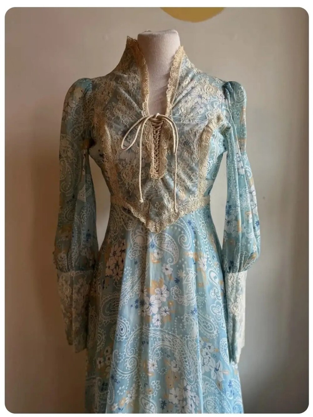 Gunne Sax Vintage Rare 1970 Light Blue Paisley Prairie Lace-Up Corset Maxi Dress - Picture 4 of 14